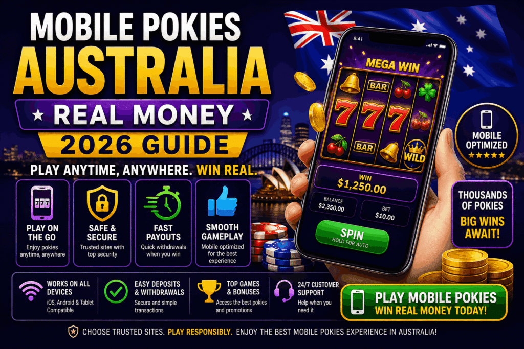 Mobile pokies Australia real money gameplay on smartphone with slot games and real winnings